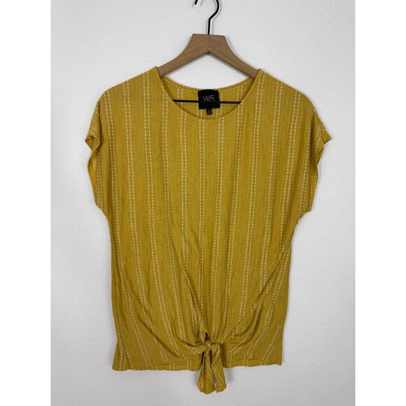 W5 Yellow Striped Front Tie Blouse Size Large Made in USA Lightweight Casual Top - Picture 1 of 6